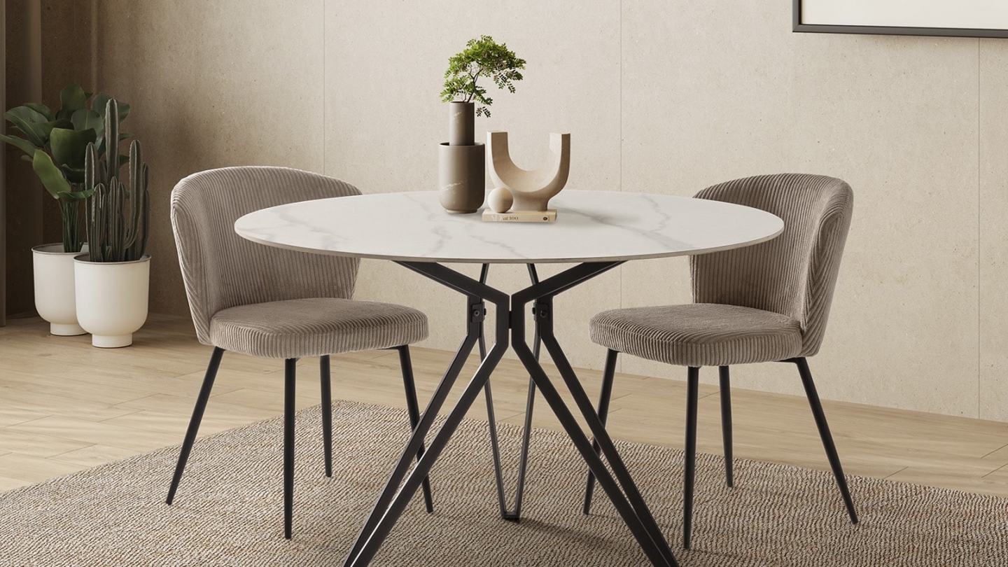 Table à manger ronde en céramique effet marbre blanc 4 pers. 120 cm - Cuma