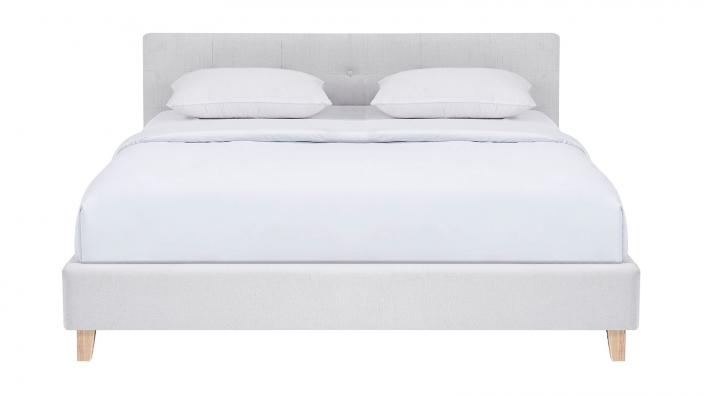 Lit adulte 160x200 cm avec tête de lit capitonnée en tissu beige - Milo