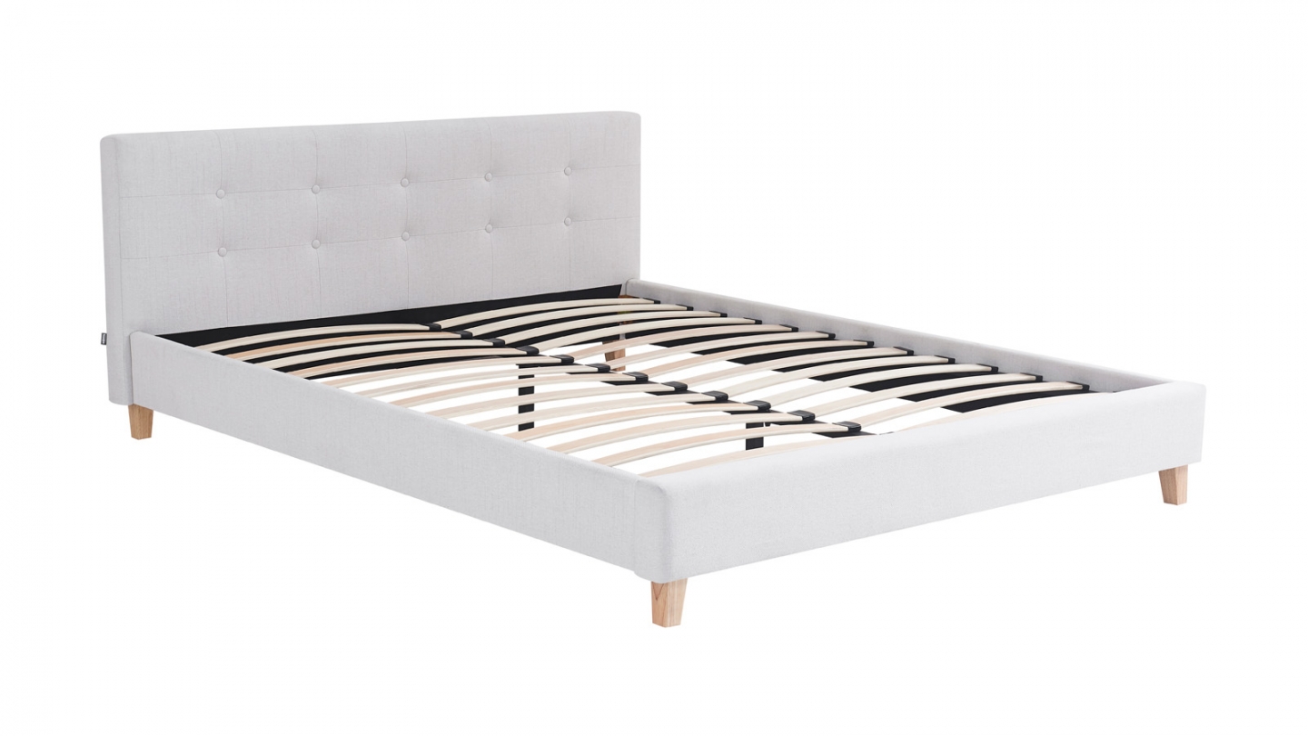 Lit adulte 160x200 cm avec tête de lit capitonnée en tissu beige - Milo