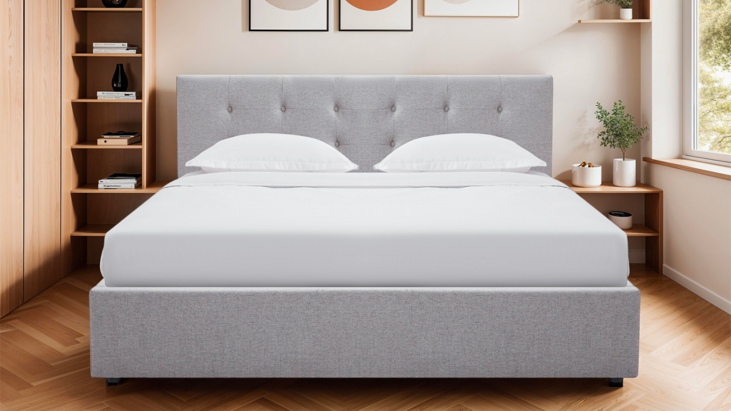 Lit coffre adulte 140x190 cm avec tête de lit capitonnée en tissu gris et sommier - Tina