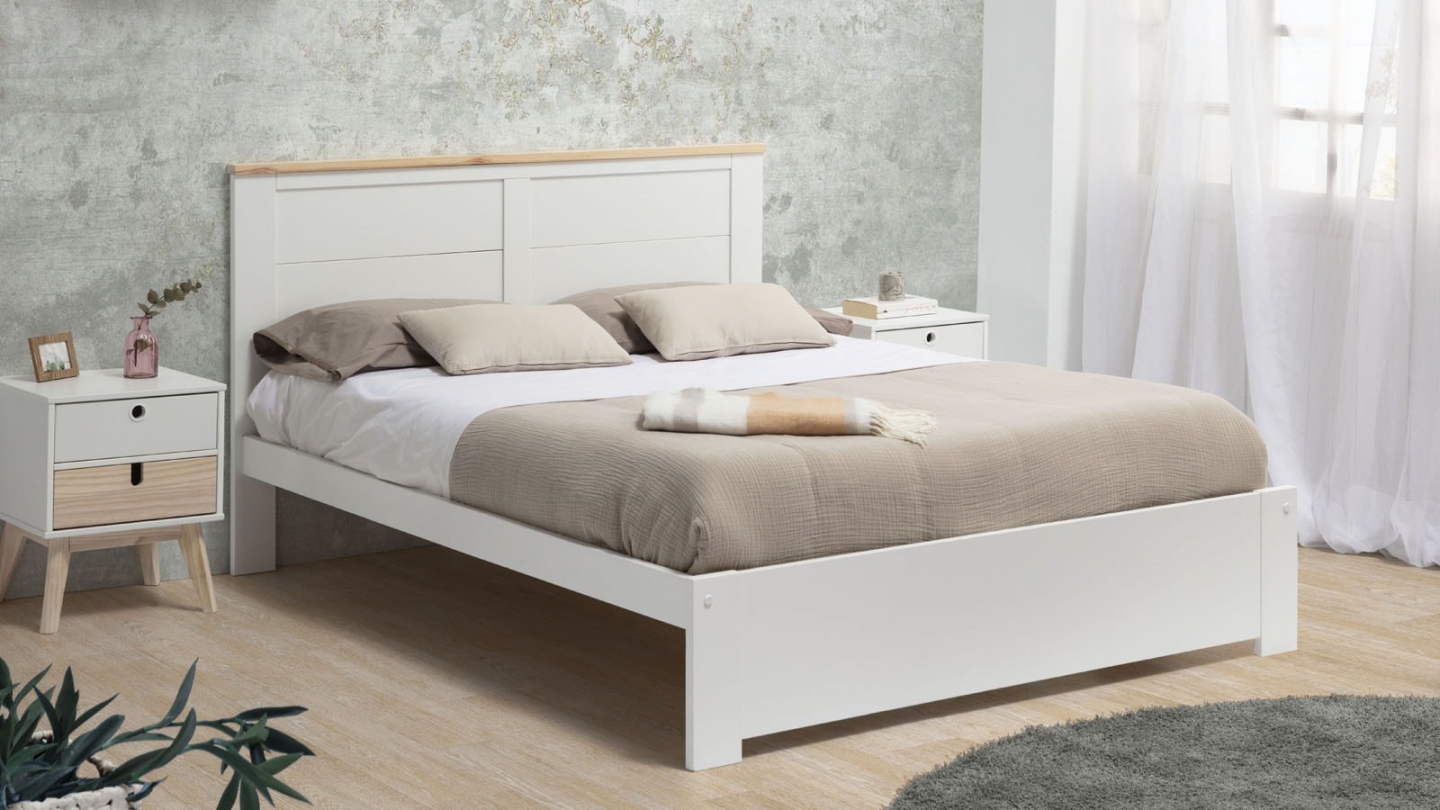 Lit adulte 160x200 cm avec tête de lit en bois blanc - Nevea