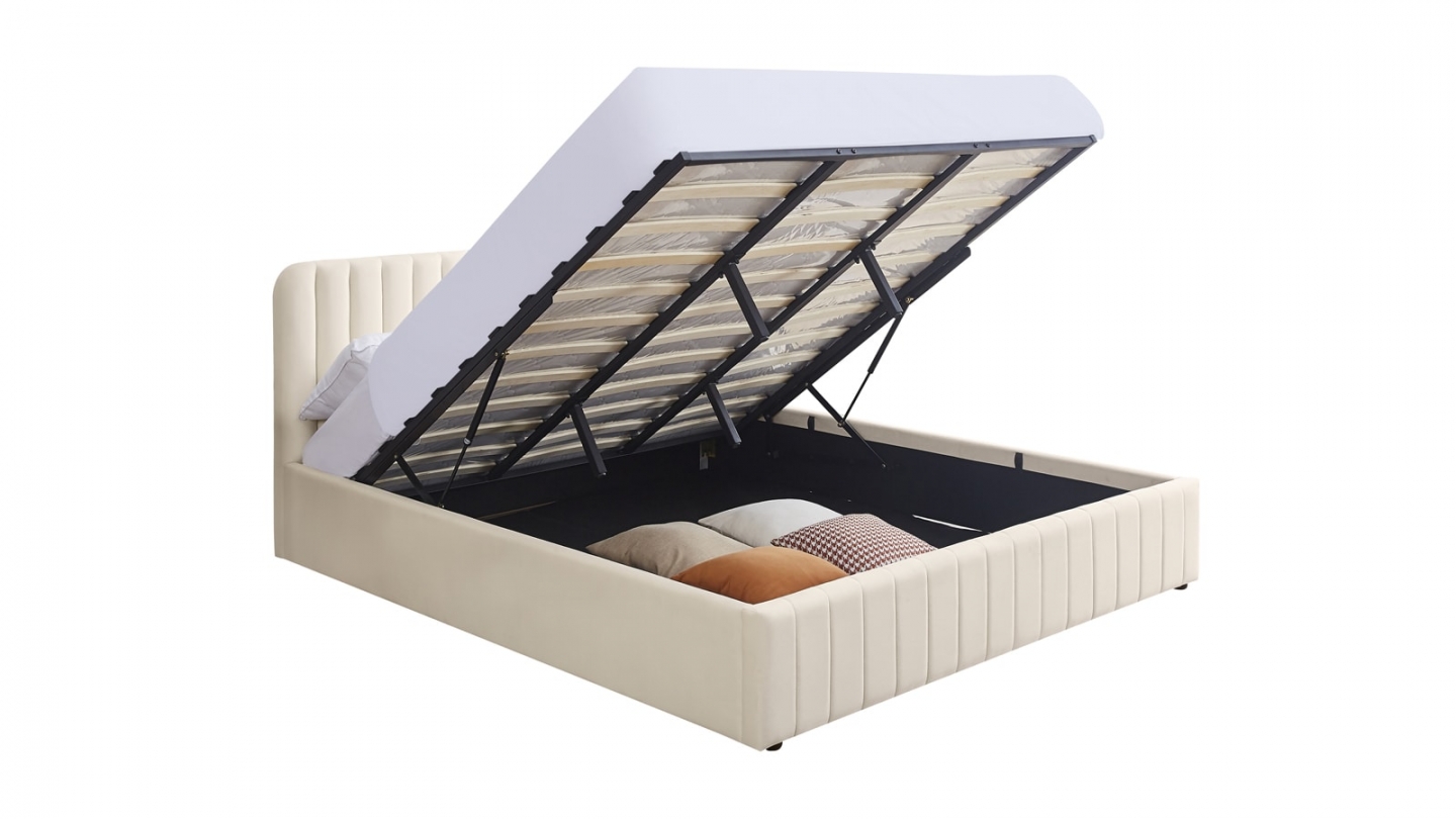 Lit coffre adulte 140x190 cm avec tête de lit capitonnée en velours beige - Ava