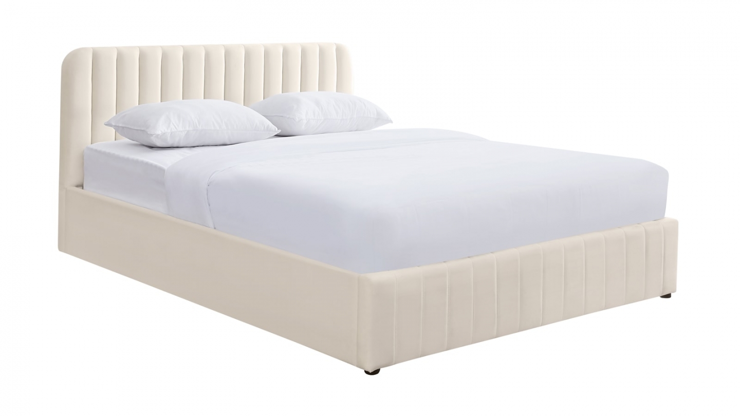 Lit coffre adulte 140x190 cm avec tête de lit capitonnée en velours beige - Ava