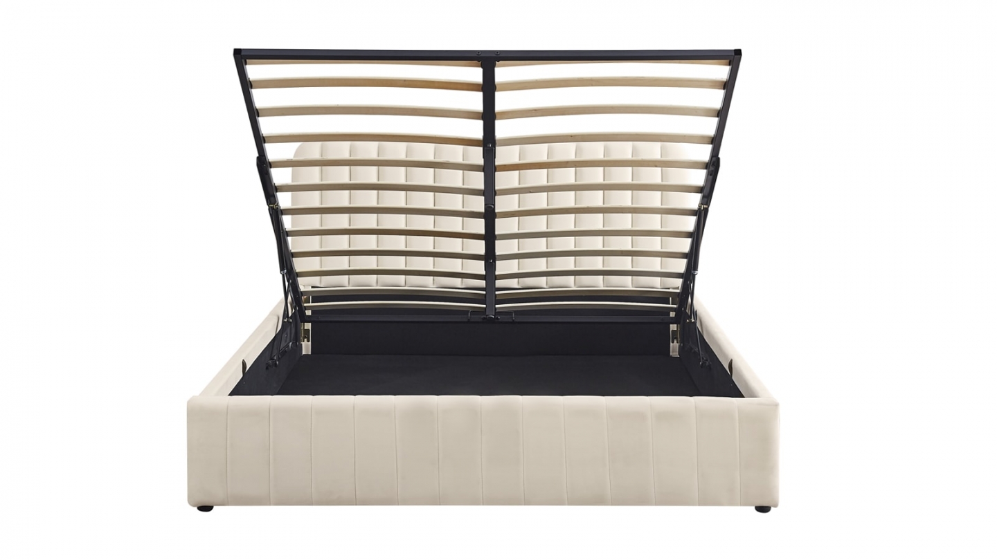 Lit coffre adulte 140x190 cm avec tête de lit capitonnée en velours beige - Ava