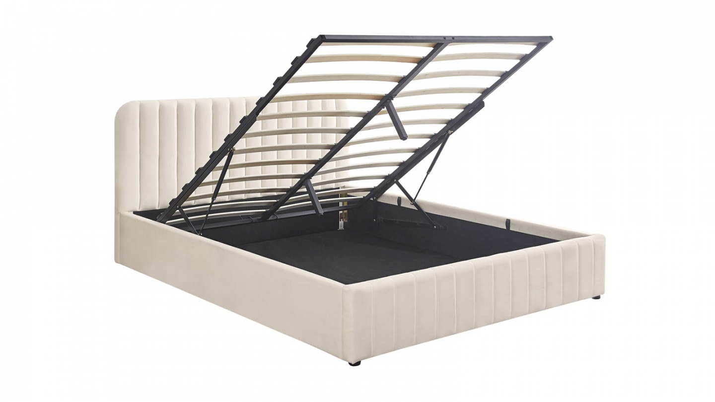 Lit coffre adulte 140x190 cm avec tête de lit capitonnée en velours beige - Ava