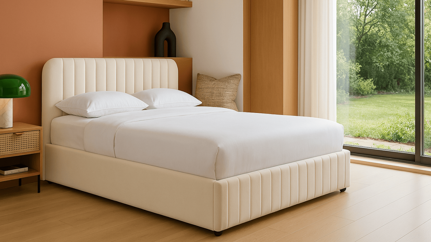 Lit coffre adulte 140x190 cm avec tête de lit capitonnée en velours beige - Ava