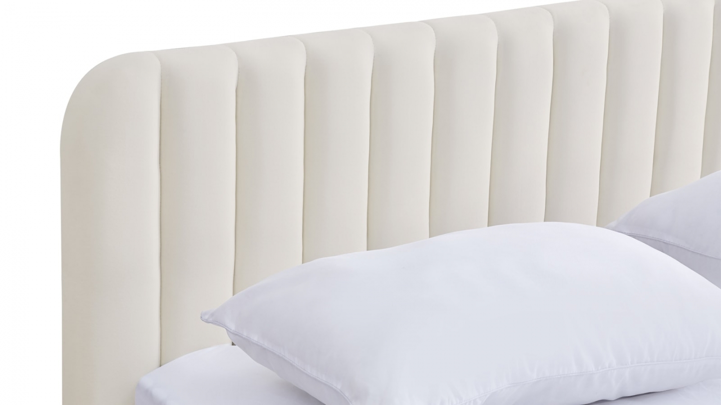 Lit coffre adulte 180x200 cm avec tête de lit capitonnée en velours beige - Ava