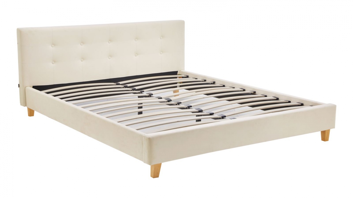 Lit adulte 140x190 cm avec tête de lit capitonnée en velours beige - Milo