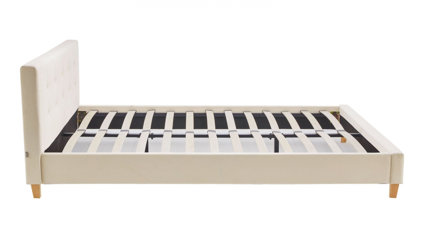 Lit adulte 140x190 cm avec tête de lit capitonnée en velours beige - Milo