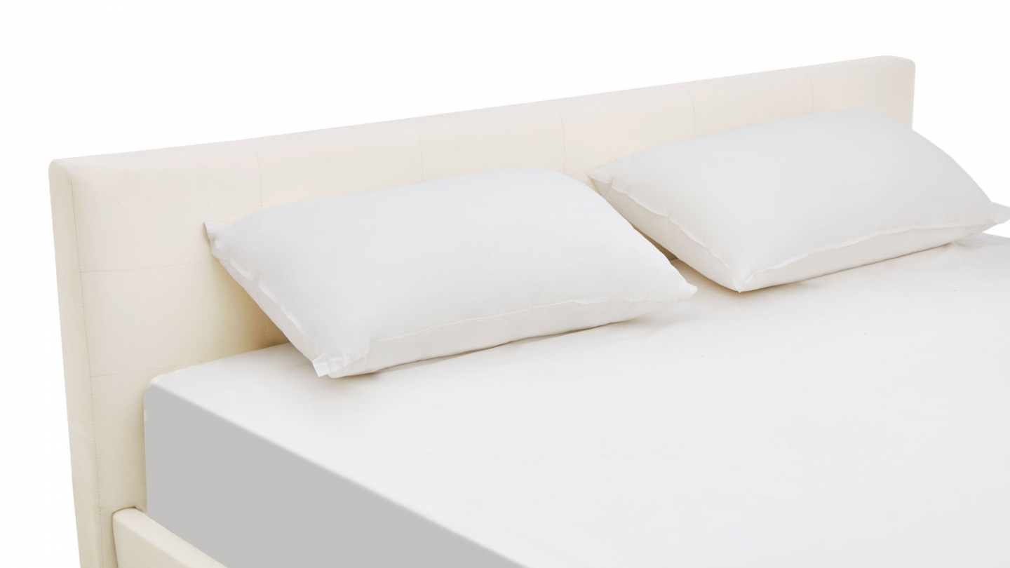 Lit adulte 140x190 cm avec tête de lit capitonnée en velours beige - Milo