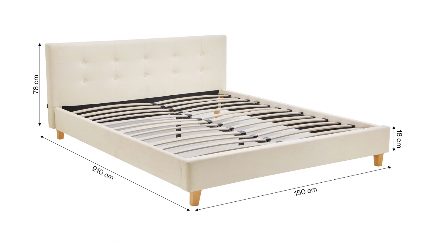 Lit adulte 140x190 cm avec tête de lit capitonnée en velours beige - Milo