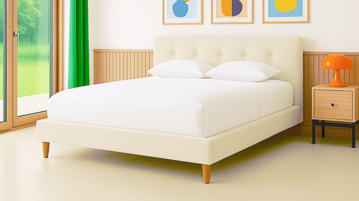 Lit adulte 140x190 cm avec tête de lit capitonnée en velours beige - Milo