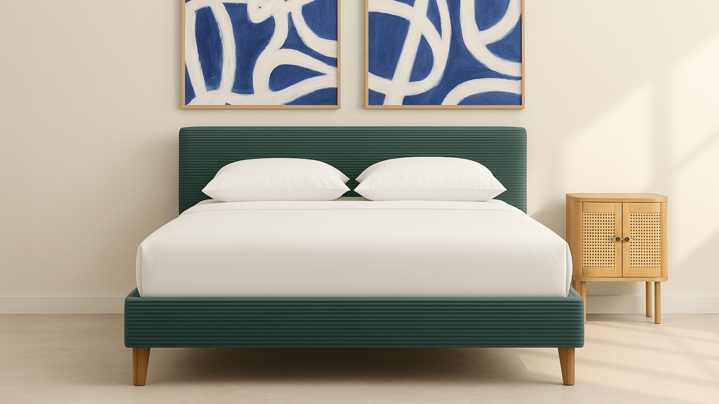 Lit adulte 160x200 cm avec tête de lit capitonnée en velours côtelé vert kaki - Milo