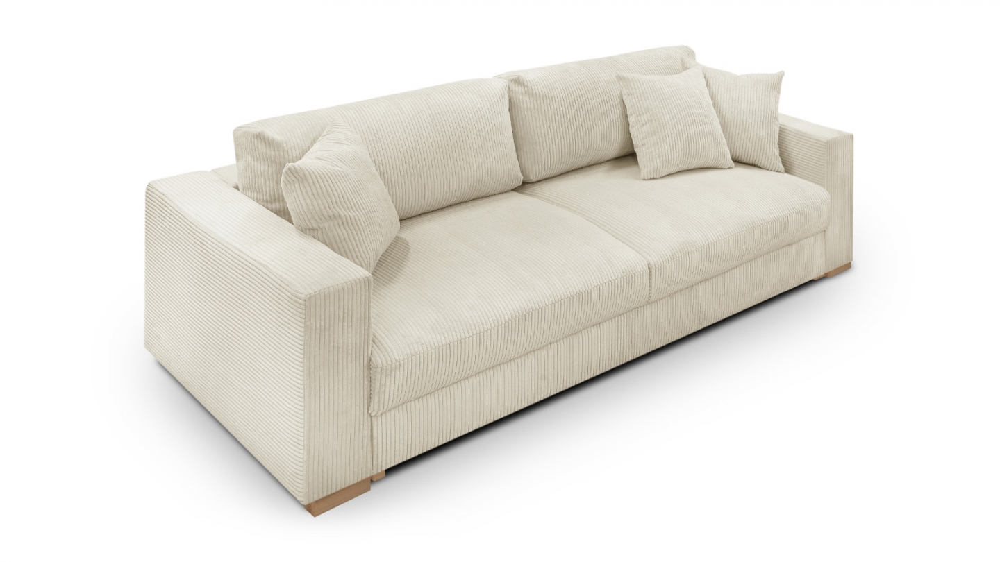 Canapé convertible 3 places en velours côtelé beige avec coffre de rangement - Robin