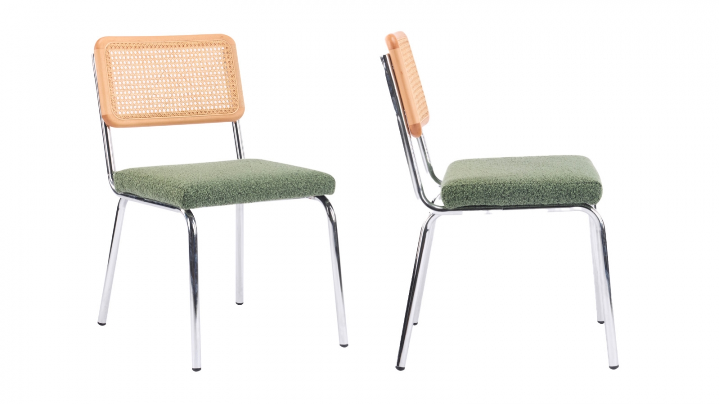 Lot de 2 chaises en métal chromé, cannage naturel et tissu bouclé vert - Paula