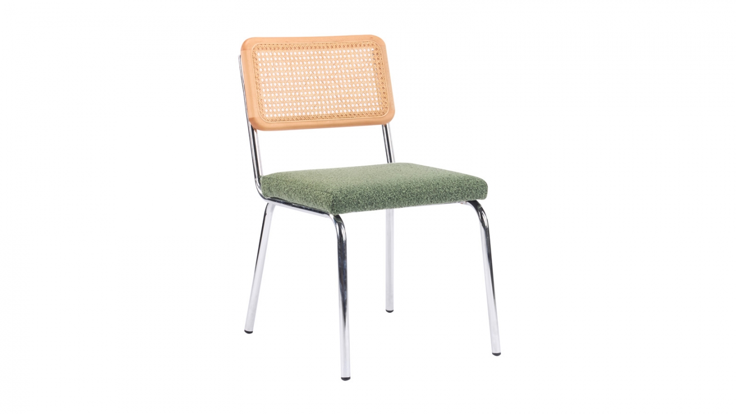 Lot de 2 chaises en métal chromé, cannage naturel et tissu bouclé vert - Paula