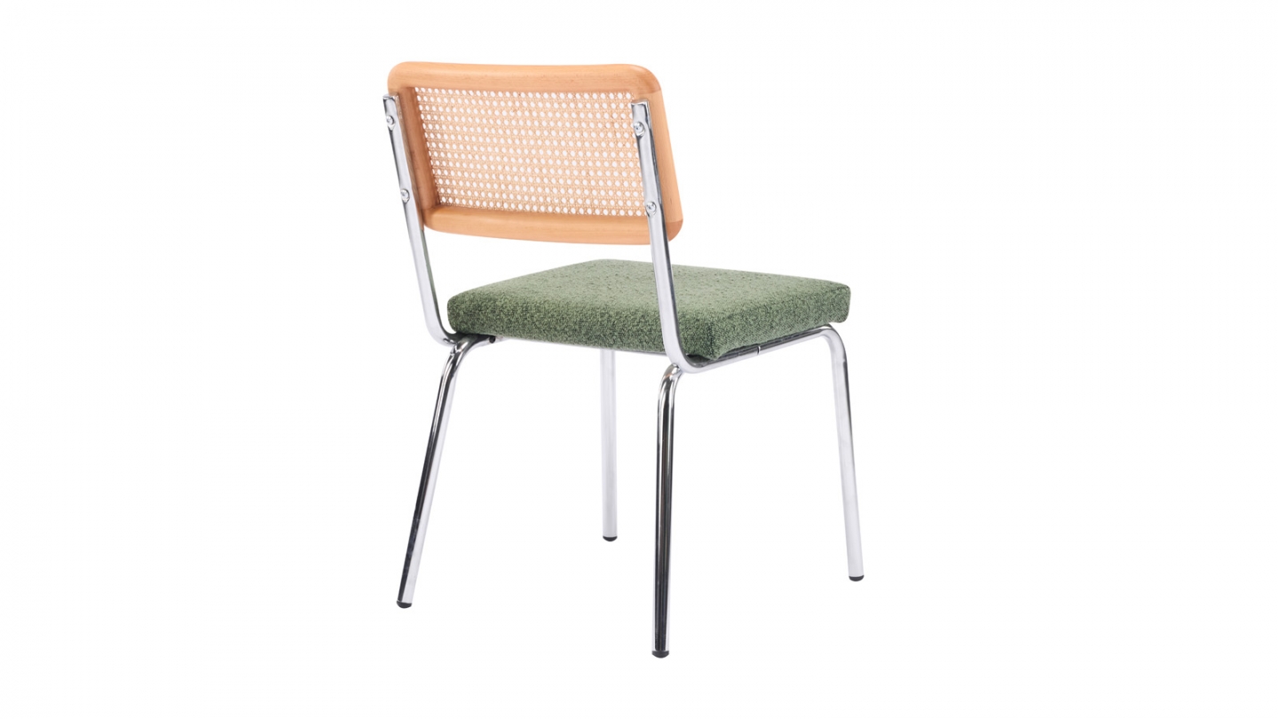 Lot de 2 chaises en métal chromé, cannage naturel et tissu bouclé vert - Paula Lot de 2 chaises en métal chromé, cannage naturel et tissu bouclé vert - Paula