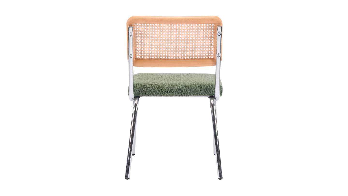 Lot de 2 chaises en métal chromé, cannage naturel et tissu bouclé vert - Paula Lot de 2 chaises en métal chromé, cannage naturel et tissu bouclé vert - Paula