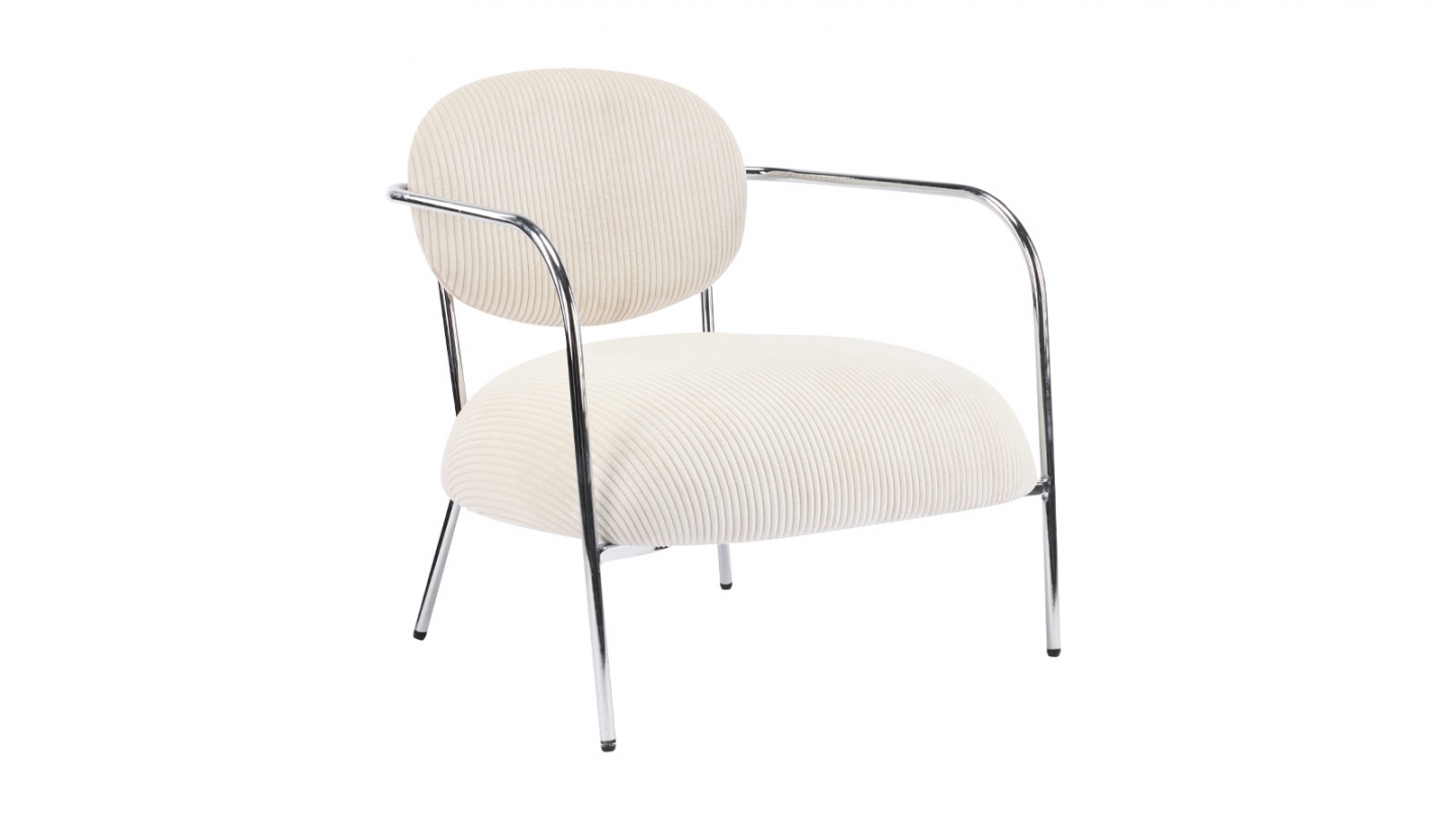 Fauteuil en velours cotelé beige et piètement chromé - Léon