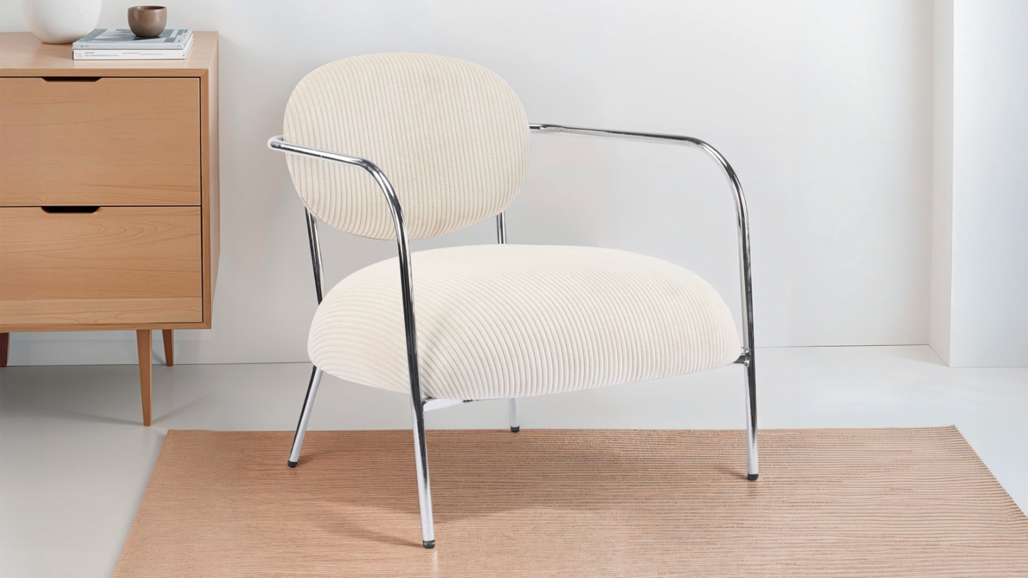 Fauteuil en velours cotelé beige et piètement chromé - Léon