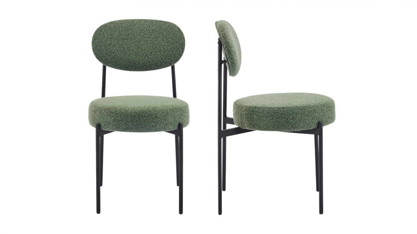 Lot de 2 chaises en tissu bouclé vert, piètement métal noir - Evora Lot de 2 chaises en tissu bouclé vert, piètement métal noir - Evora