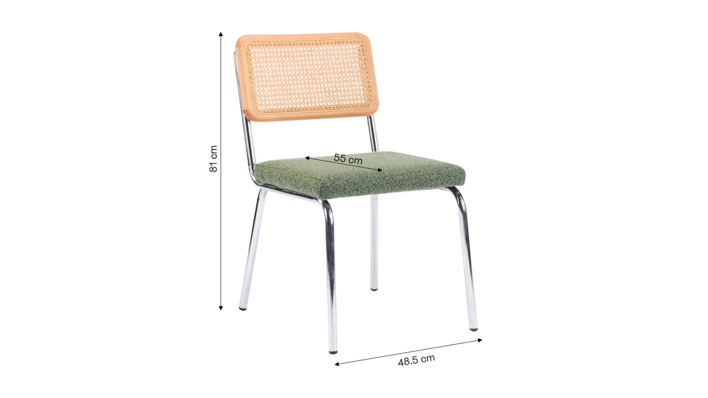 Lot de 2 chaises en métal chromé, cannage naturel et tissu bouclé vert - Paula Lot de 2 chaises en métal chromé, cannage naturel et tissu bouclé vert - Paula
