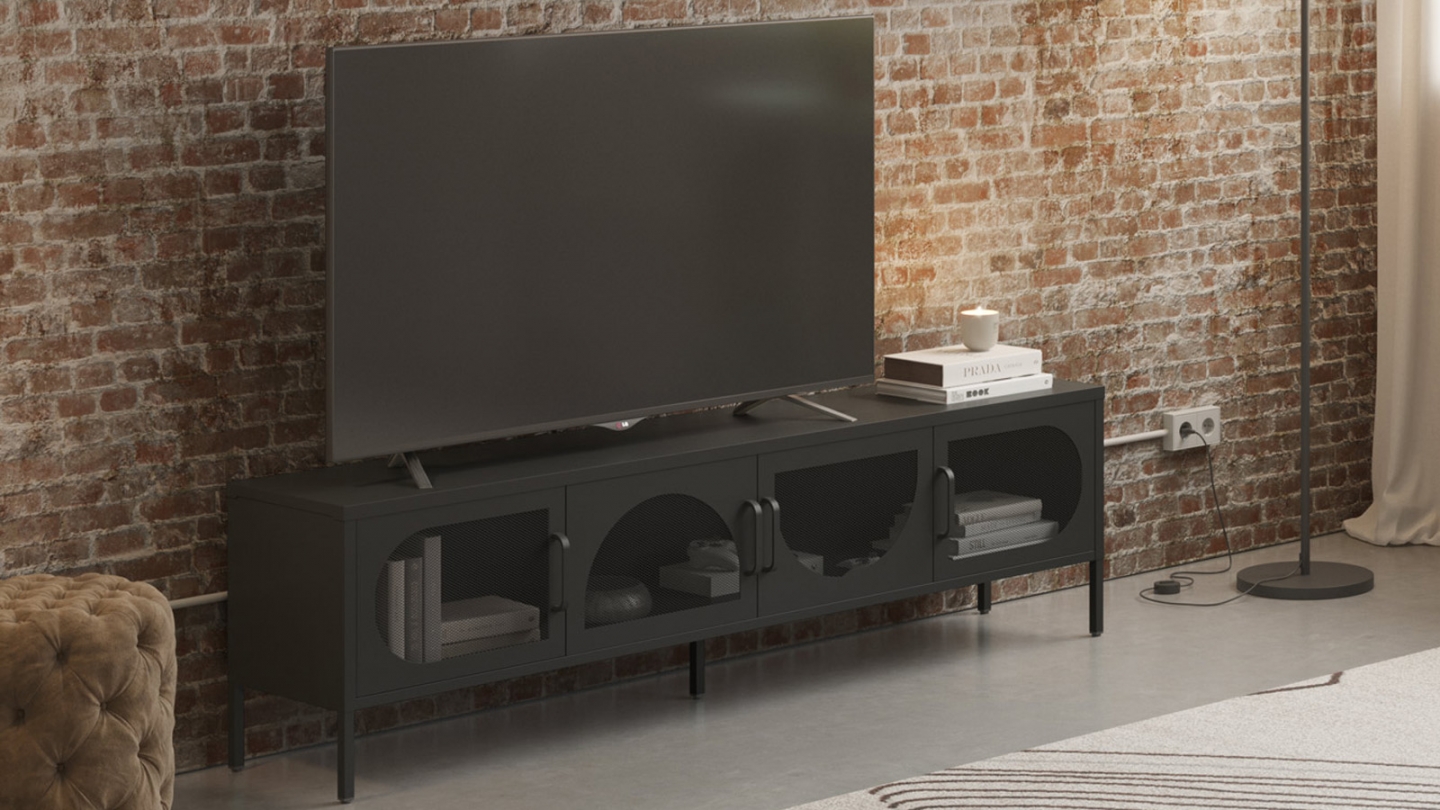 Meuble TV 4 portes en métal noir 180 cm - Inoa