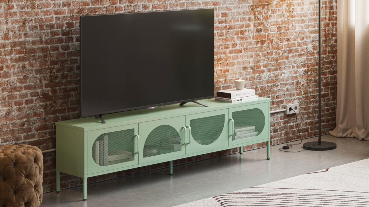 Meuble TV 4 portes en métal vert clair 180 cm - Inoa