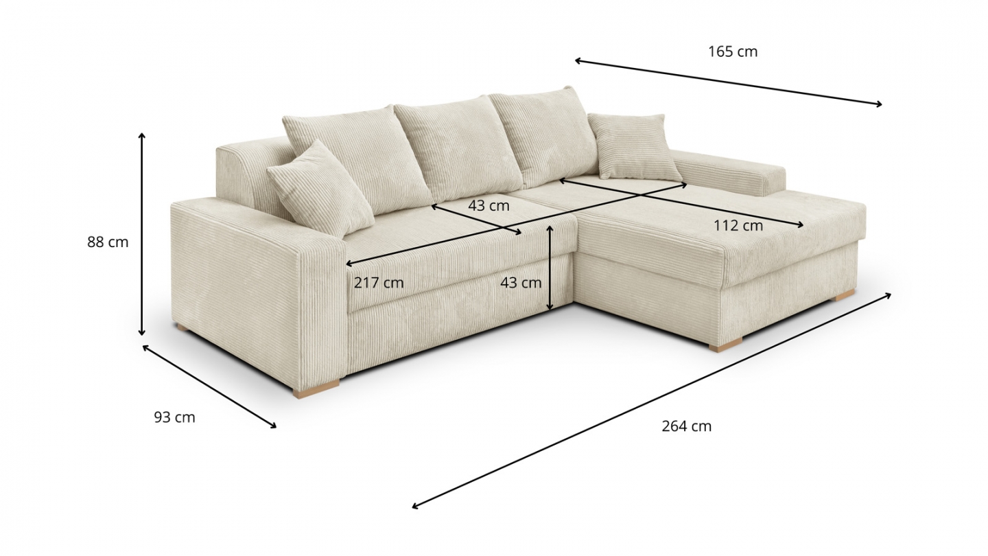 Canapé d'angle à droite convertible 3/4 places en velours côtelé beige - Nyssa