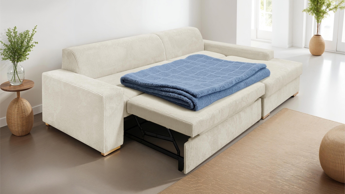Canapé d'angle à droite convertible 3/4 places en velours côtelé beige - Nyssa