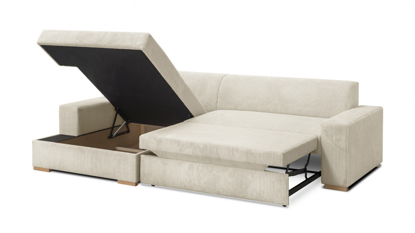 Canapé d'angle à gauche convertible 3/4 places en velours côtelé beige - Nyssa