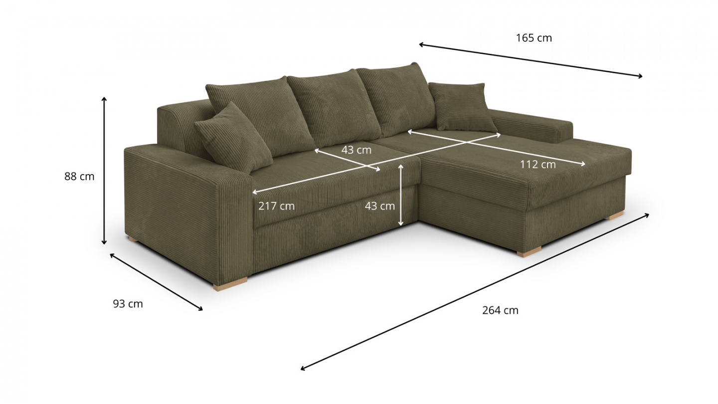 Canapé d'angle à droite convertible 3/4 places en velours côtelé vert kaki - Nyssa Canapé d'angle à droite convertible 3/4 places en velours côtelé vert kaki - Nyssa