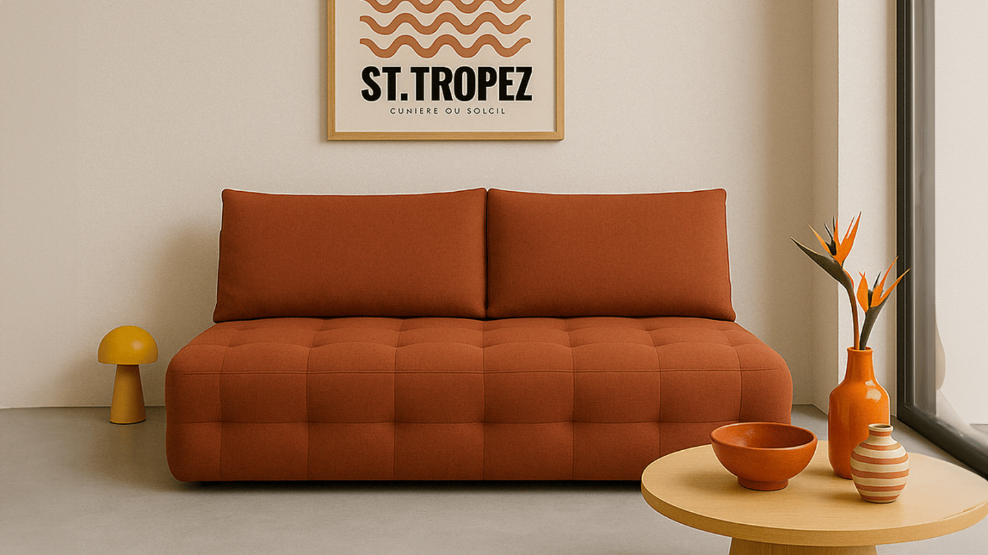 Canapé convertible 3 places avec coffre de rangement en tissu chenille terracotta - Léo