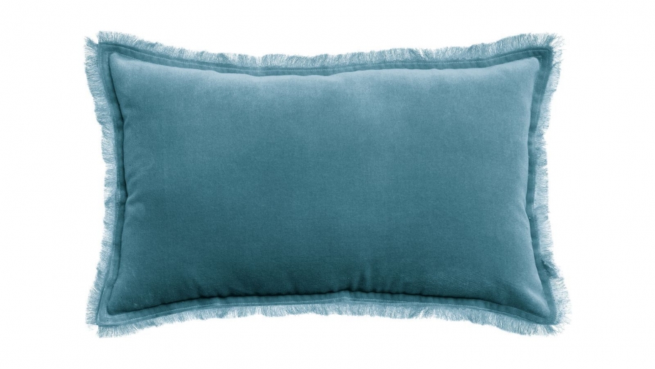 Coussin à frange en velours bleu acier 30 x 50 cm - Fara
