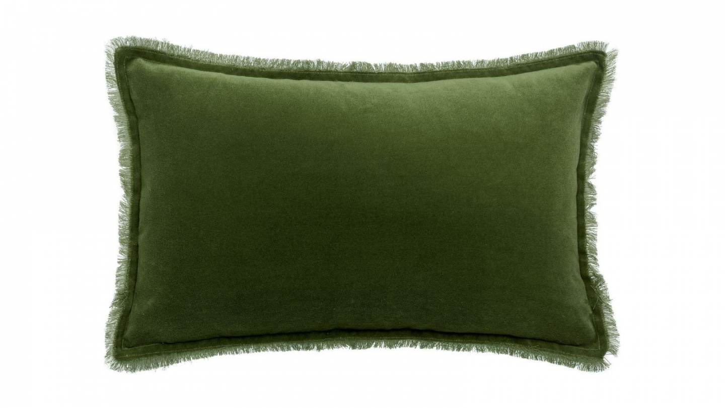 Coussin à frange en velours vert eucalyptus 30 x 50 cm - Fara