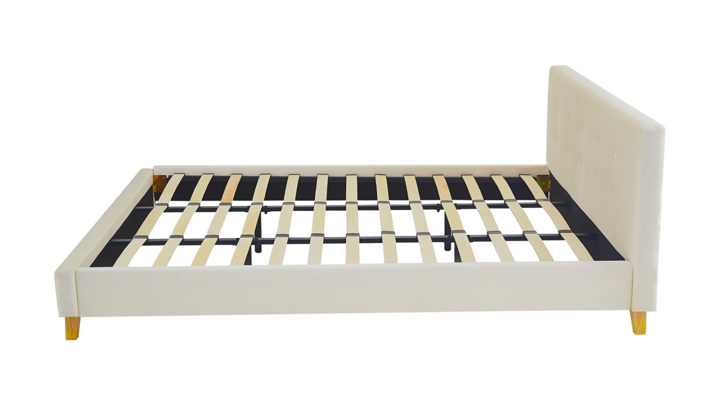 Lit adulte 180x200 cm avec tête de lit capitonnée en velours beige - Milo