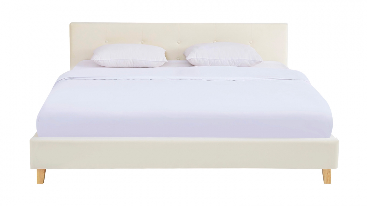 Lit adulte 180x200 cm avec tête de lit capitonnée en velours beige - Milo