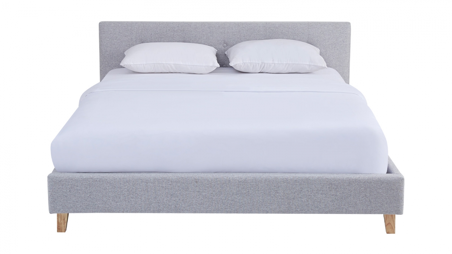 Lit adulte 140x190 cm avec tête de lit capitonnée en tissu gris chiné - Milo