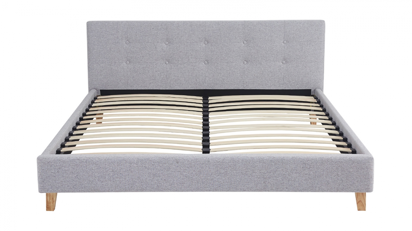 Lit adulte 160x200 cm avec tête de lit capitonnée en tissu gris chiné - Milo