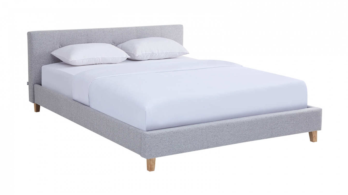 Lit adulte 160x200 cm avec tête de lit capitonnée en tissu gris chiné - Milo