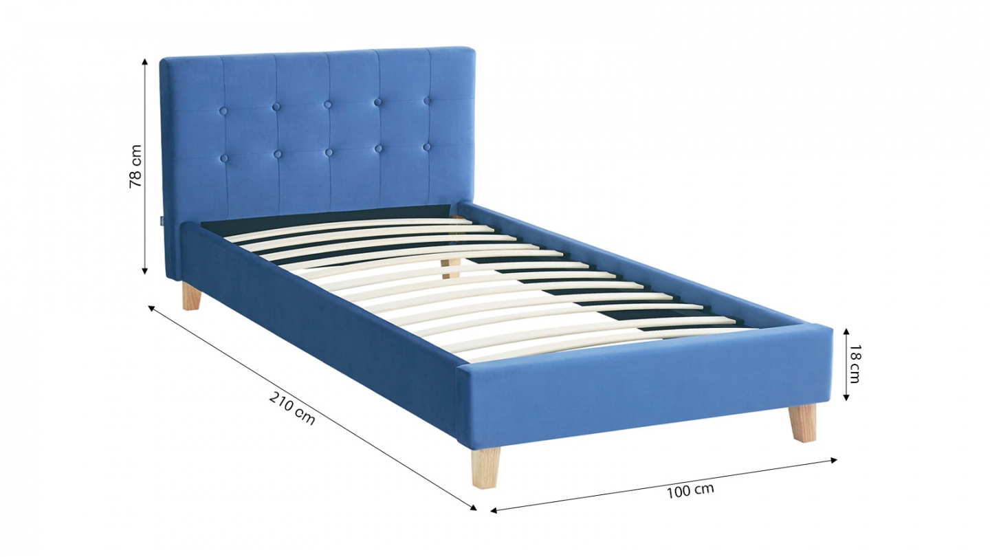 Lit adulte 90x190 cm avec tête de lit capitonnée en velours bleu - Milo