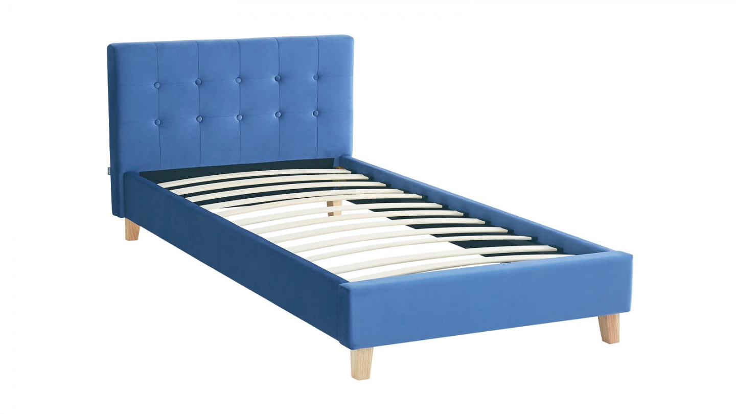 Lit adulte 90x190 cm avec tête de lit capitonnée en velours bleu - Milo