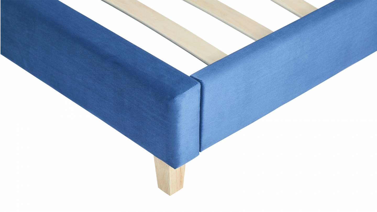 Lit adulte 90x190 cm avec tête de lit capitonnée en velours bleu - Milo