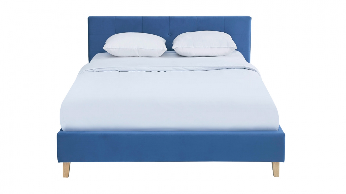 Lit adulte 140x190 cm avec tête de lit capitonnée en velours bleu - Milo