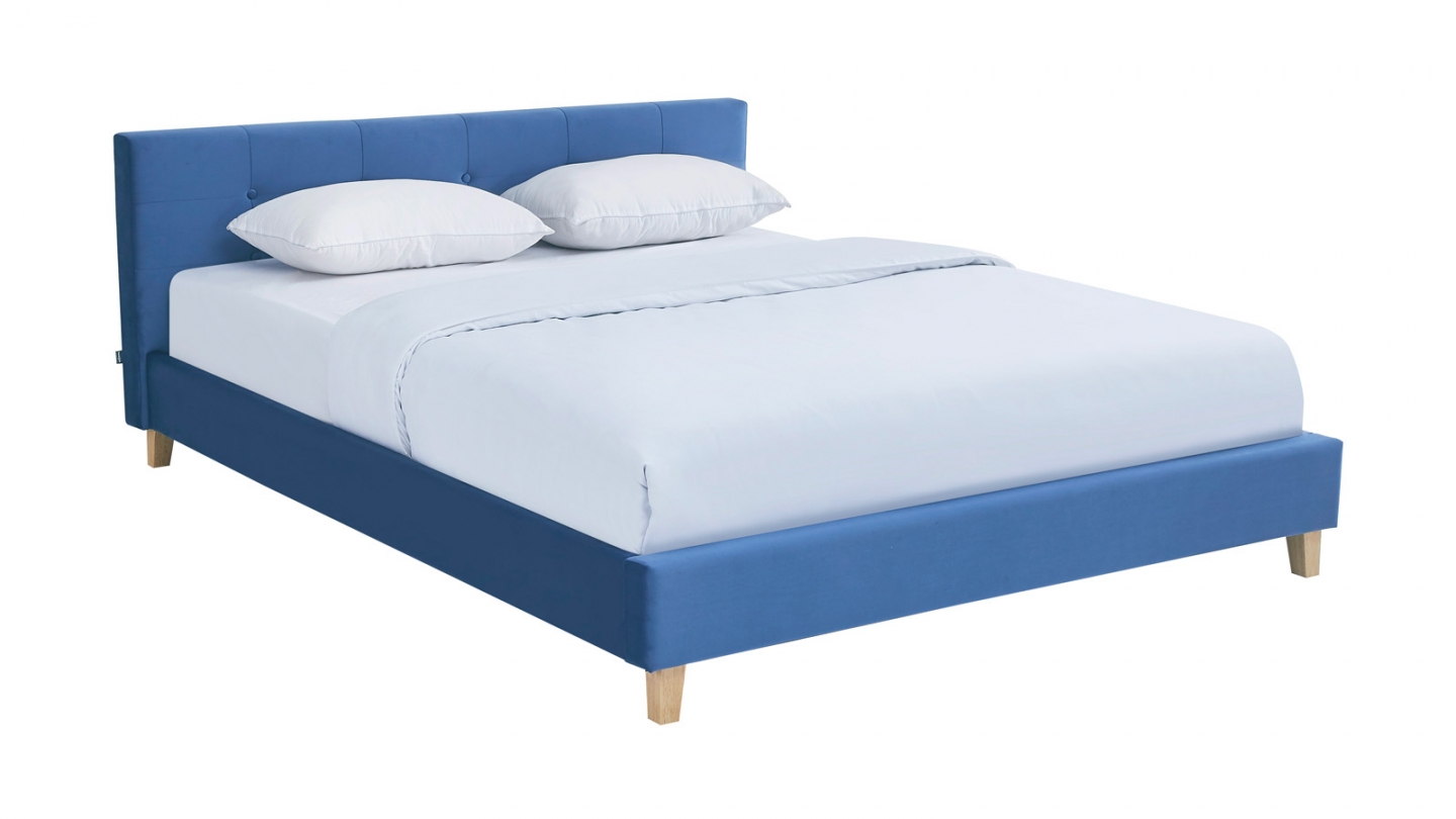 Lit adulte 140x190 cm avec tête de lit capitonnée en velours bleu - Milo