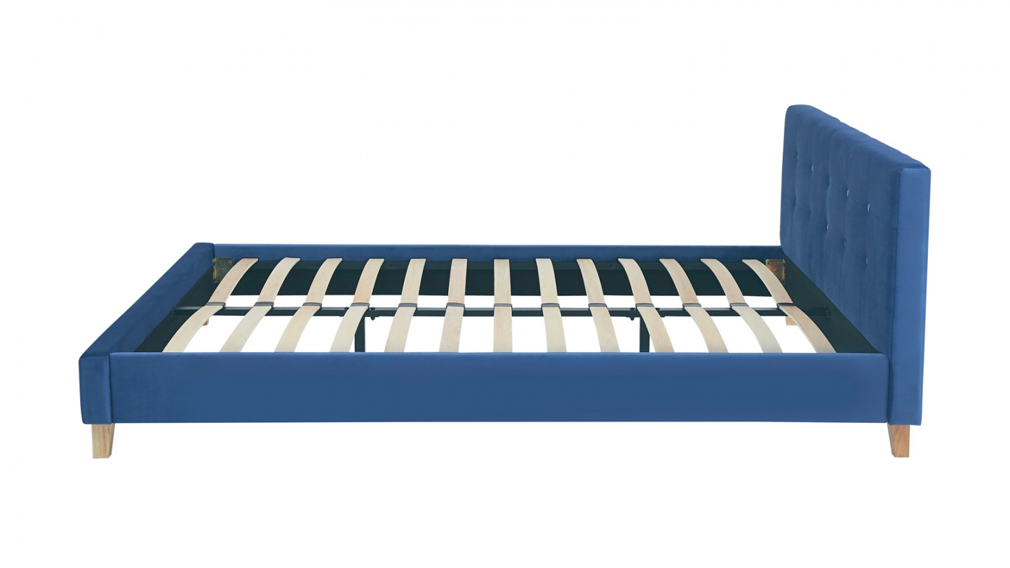 Lit adulte 160x200 cm avec tête de lit capitonnée en velours bleu - Milo