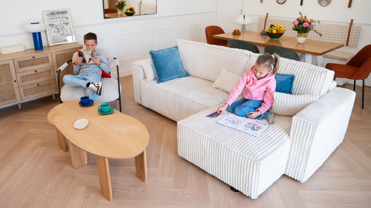 Canapé d'angle convertible réversible 4 places en velours gros côtelé beige - Livia