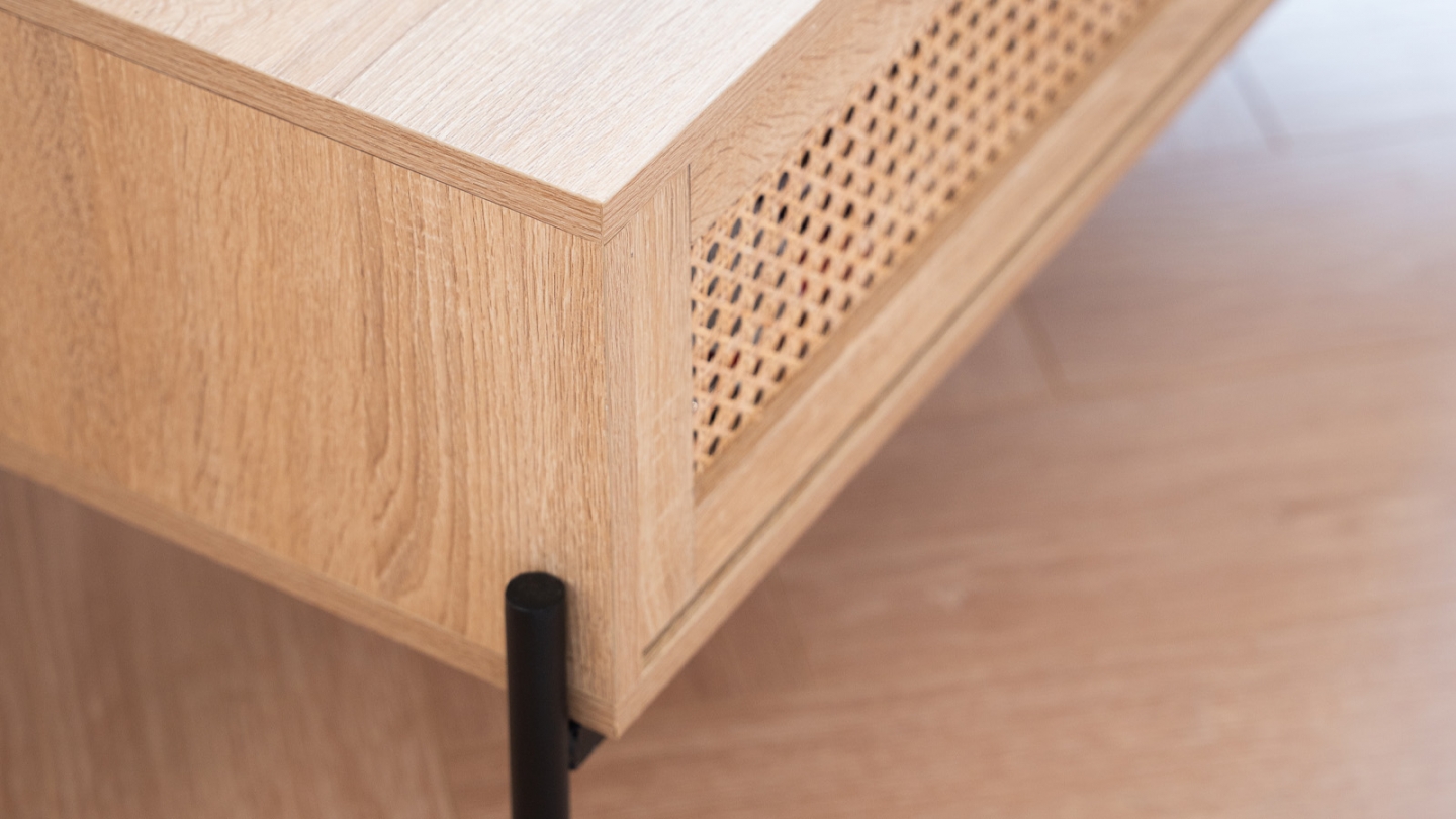 Table basse 1 tiroir en cannage naturel et effet chêne 115 cm - Iris