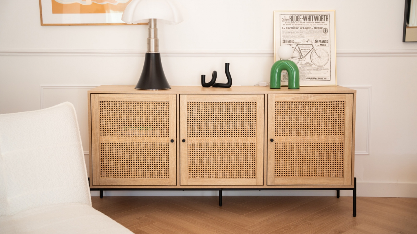 Buffet 3 portes en cannage naturel et effet chêne 160 cm - Iris