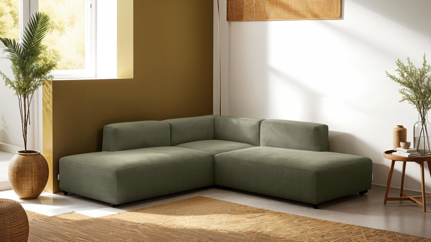 Canapé d'angle modulable réversible 5 places en velours côtelé vert kaki - Modulo
